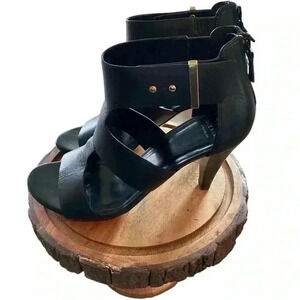Cole  Haan Black Leather Strappy Sandals Size 6 Gold Trim Great Condition
